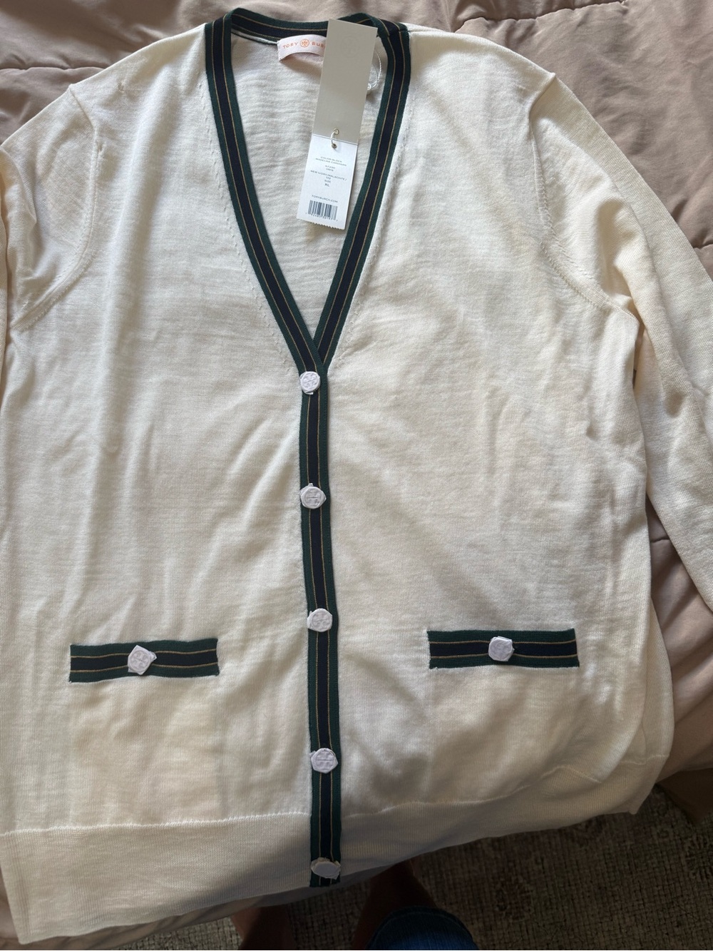Tory Burch Cream Cardigan with Dark Green Trim